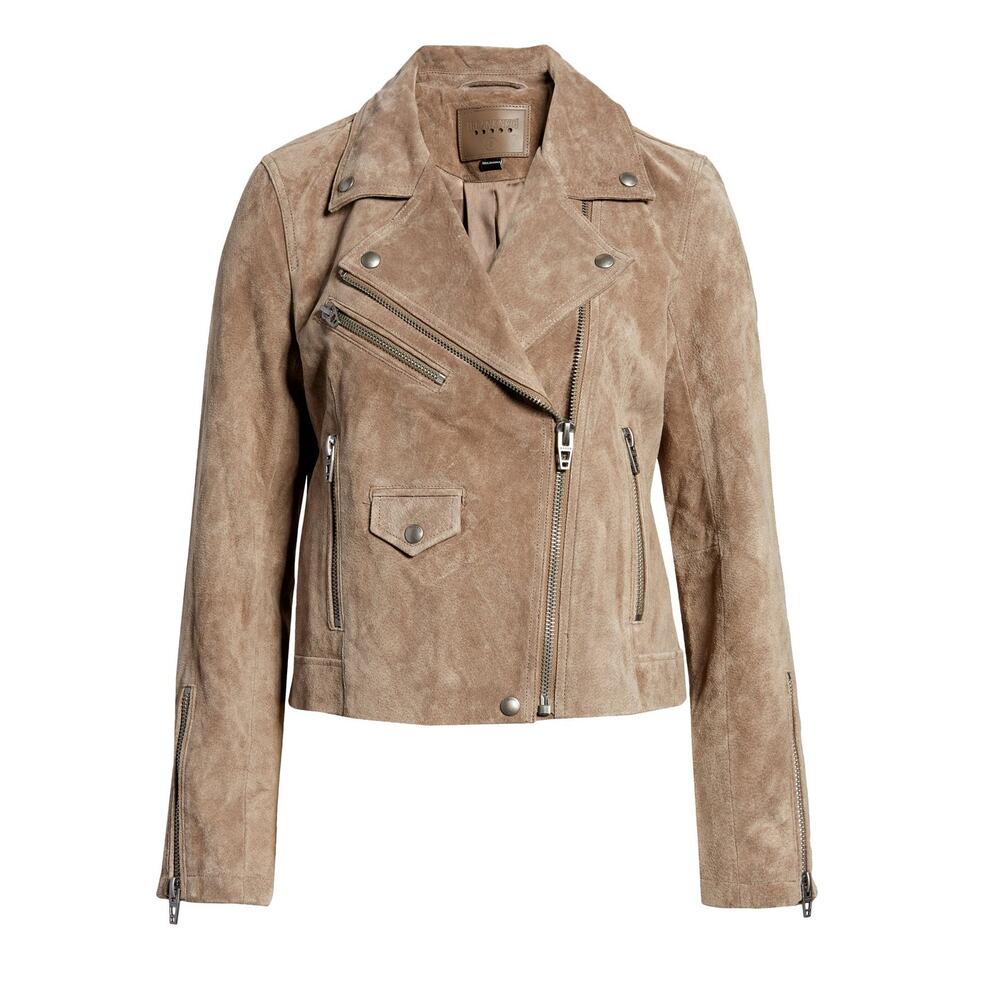Blank NYC Faux Suede Long Sleeve Moto Jacket Tan Beige XS